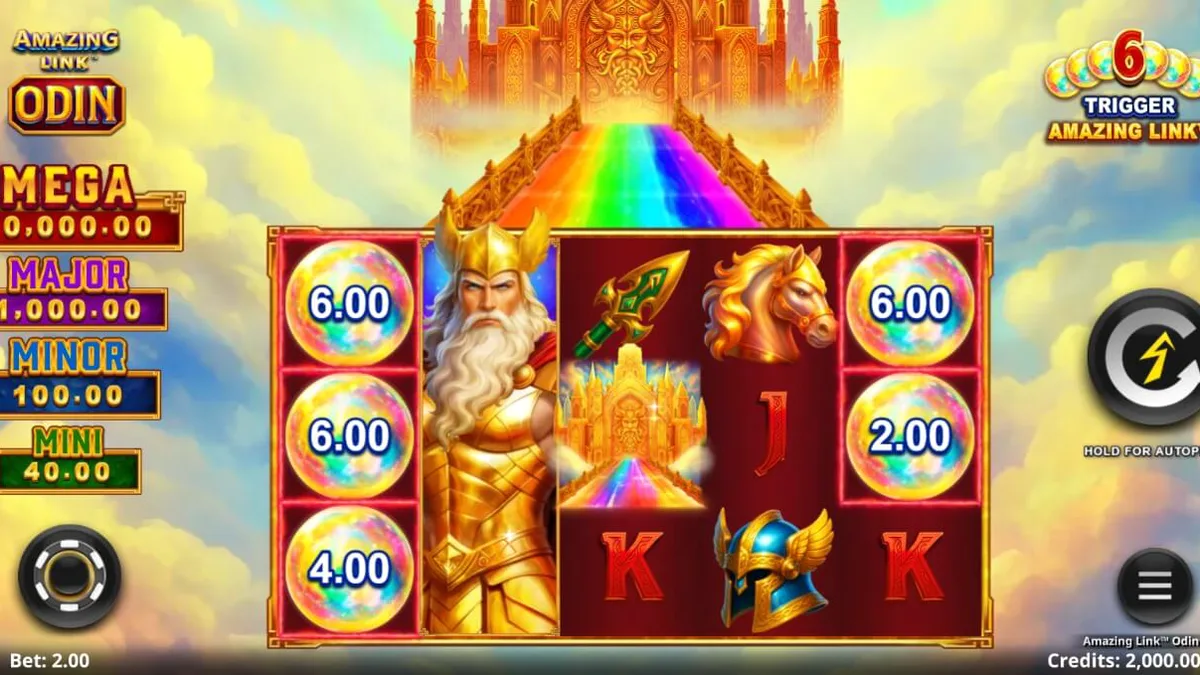 Visual estetik slot Amazing Link Odin dengan latar belakang Asgard dan simbol mitologi Nordik.
